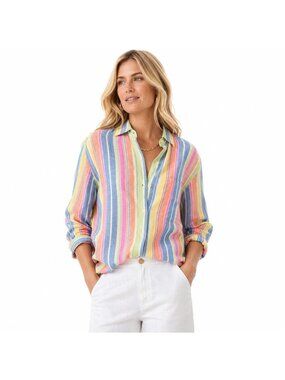 Jones New York 100% Linen Multicolor Striped Button-Up Shirt M Money Sustainable